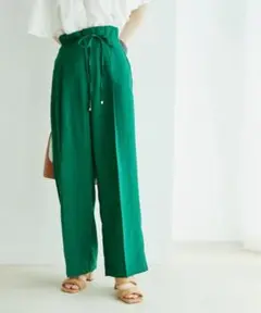 新品☆vis☆リネンライク ハイウエストワイドパンツ☆グリーン