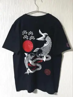 鯉と日の丸　和柄 デザイン Tシャツ　古着　濃紺　サイズ.L　【匿名配送】