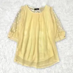 シフォン 五分袖ブラウス　シアー袖　ドット　イエロー　黄色　M プルオーバー