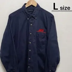 USA古着　ワークシャツ　長袖　L　ネイビー　紺　コットン　刺繍　ボタンダウン