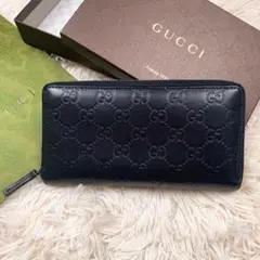 美品 箱付き✨グッチ 長財布 ラウンドファスナー シマ GG ブラック 黒