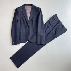 美品 洗える ORIHICA チェック パンツ スーツ ネイビー 9号