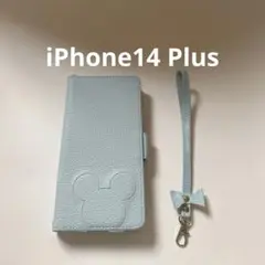 iPhone14 Plus手帳型ケーストラップ付カード収納耐衝撃ミッキーブルー