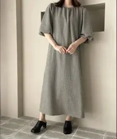 ローリーズファーム チェックバルーンスリーブワンピース　ネイビー