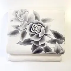 2m1402 名古屋帯 絹 九寸帯 染め 手書 白 グレー 薔薇 花柄 和装