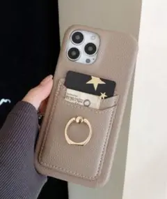 iPhoneケース　フェイクレザーフィンガーリング付　ベージュ　iPhone15
