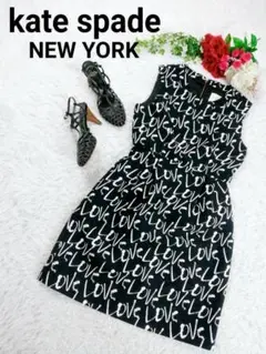 【美品】ケイトスペードニューヨーク ノースリーブ ワンピース 総柄 LOVE 黒