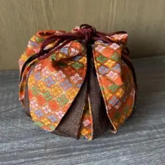 ❣美品　オレンジとブラウンのかぼちゃ模様の巾着袋☝˃̵͈̑ᴗ˂̵͈̑❤