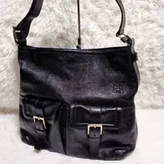 ヒロフ HIROFU ショルダーバック ダブルポケット 革 ロゴ レザー 黒