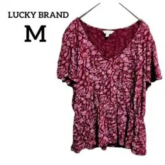 LUCKY BRAND 【M】 バーガンディ花柄Tシャツ 赤 袖フリル