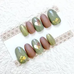 【現品限り】 ネイルチップ 和風 緑 茶色 白 金