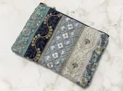 《105》インド刺繍リボンポーチ　ヌビキルト　ブルー