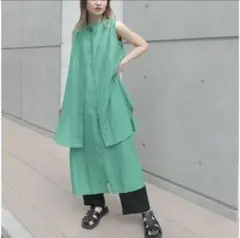 スラブジョーゼット　レイヤード風　ワンピース　グリーン　Mサイズ