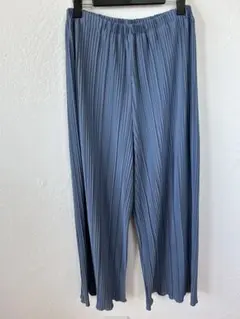 プリーツデザイン 青色 パンツ ワイドパンツ レディースボトム