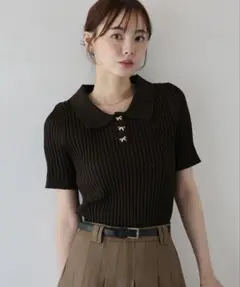 リボンボタンポロ衿ニット