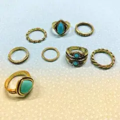 d57☆アンティークリング 指輪☆ゴールド★ターコイズ 8個セット J8
