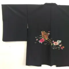 【美品】絵羽織 羽二重 御所車に牡丹 刺繍 正絹 身丈80 裄64.5 黒