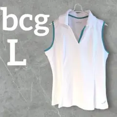 美品⭐️bcg 【L】ノースリーブポロシャツ L ホワイト/グリーン　襟付きＶ首