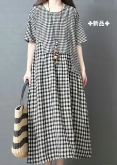 ✤新品✤チェック柄 半袖ロングワンピース Aライン