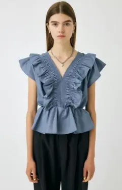 moussy SHIRRING RUFFLE PEPLUM トップス BLU