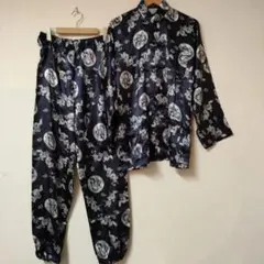 シルク100％ チャイナパジャマシャツ 上下セット 実寸メンズLサイズ程 紺
