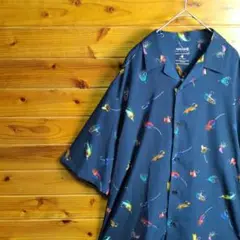 半袖シャツ　柄シャツ　紺　L　オープンカラー　釣り　フィッシング　毛針柄　古着