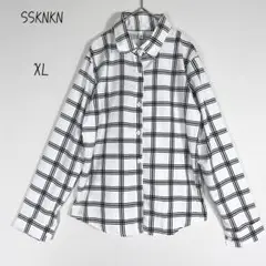 SSKNKN　チェック柄　長袖シャツ　ブラウス　ホワイト　ブラック　XL