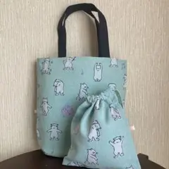 ハンドメイド　ぺったんこバッグ　巾着　猫柄　ラジオ体操　水色　２点セット