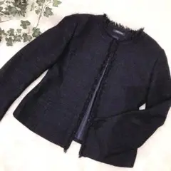 美品✨ニューヨーカー　ネイビー ノーカラーツイードジャケット サイズ11