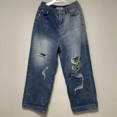 ダメージ加工ブルーデニムワイドパンツ