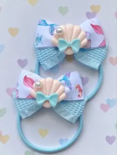 【値下げ】キッズヘアゴム 2個セット　リボン　シェル　ブルー　マーメイド　夏