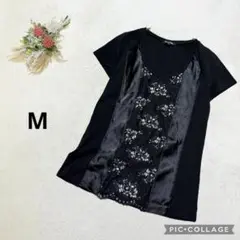 コムサデモード【M】 きれいめカットソー ストレッチ ラメ レース とろみ 花柄