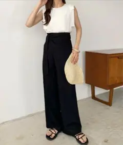 【新品】タグ付き callautia カラウティア ラップリネン混ワイドパンツ