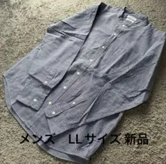 メンズ 綿麻ストライプスタンドカラー長袖シャツ中青 LL新品