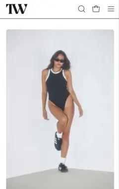 TW Rib Backopen Body Suit ブラック×ホワイトパイピング