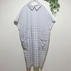 【フラボア】グレー チェック柄 半袖ワンピース　ロングシャツ　サイズ1 リボン