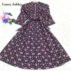 美品✨ローラアシュレイ フレアータックワンピース リボン♡薔薇♡貝ボタン S M