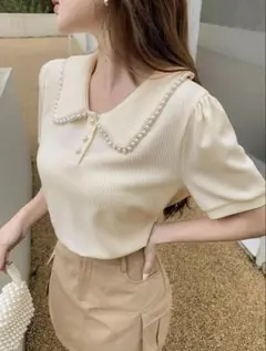 shein DAZY パール装飾パフスリーブTシャツ XL