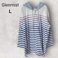 Glenmist メンズ プルオーバー パーカー L 白 青 ボーダー ボタン