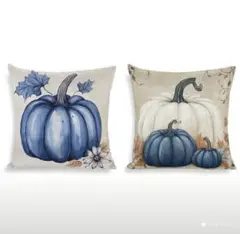 【ハロウィン】【2枚セット】青と白のカボチャデザインクッションカバー