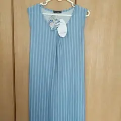 新品水色 ストライプ ノースリーブ ワンピース*M*ロング丈