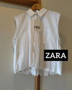 【新品タグ付】ZARA　ノースリーブシャツ　白コットンシャツ　M【定番】最終価格