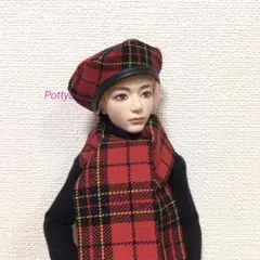 BTSマテルドール服 タータンチェックベレー帽&マフラー(赤)