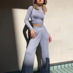 グレーナイロンフレアパンツ上下セットアップ 海外ボディコンスーツ グレー M