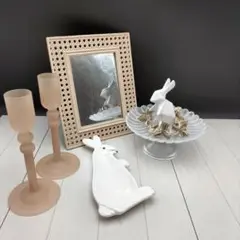 ウサギの陶器置物 インテリアセット ミラー 展示品(H-2506IN18)