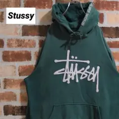 《ステューシー》人気モデル パイル地のビッグロゴ グリーン M パーカー