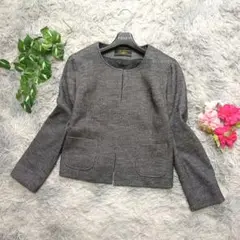 美品✨【Leilian】ヘリンボーン ノーカラージャケット (9) グレー M