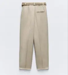 新品！ZARA 編み込みベルトパンツ　カーキ　リネン