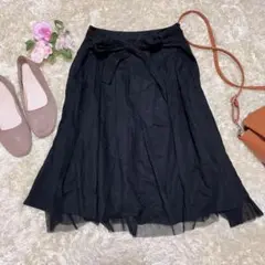 スコットクラブ プリーツスカート 膝丈 黒 M リボン 綿 朝