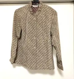 ブラウン　長袖　シャツ　首元フリル　古着